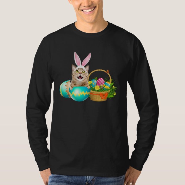Camiseta Happy Easter Cute Bunny Cat Eggs Basket Men Women (Anverso)