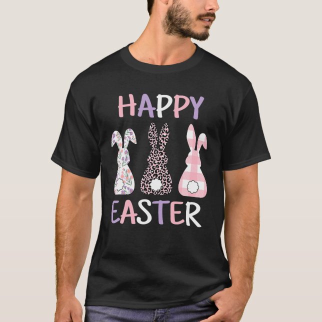 Camiseta Happy Easter Cute Pink Leopard Plaid Flower Bunny (Anverso)