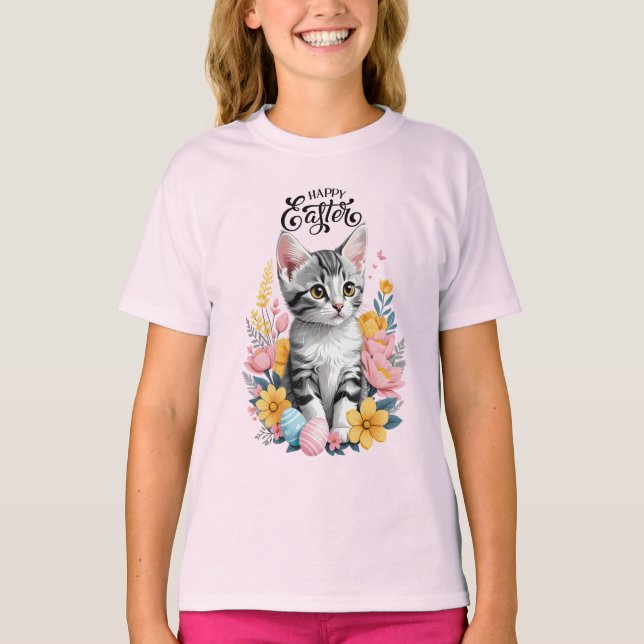 Camiseta Happy Easter Gray Tabby con flores (Anverso)