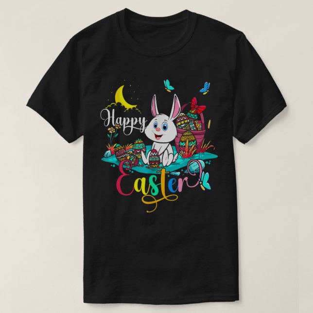 Camiseta Happy Easter Night Bunny Easter Eggs Basket Happy  (Diseño del anverso)
