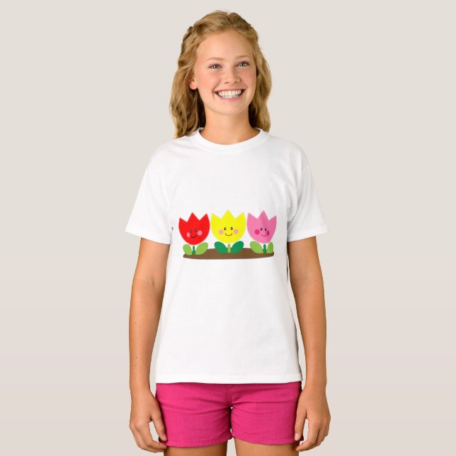 Camiseta Happy Face Tulip Flowers Garden art (Anverso completo)