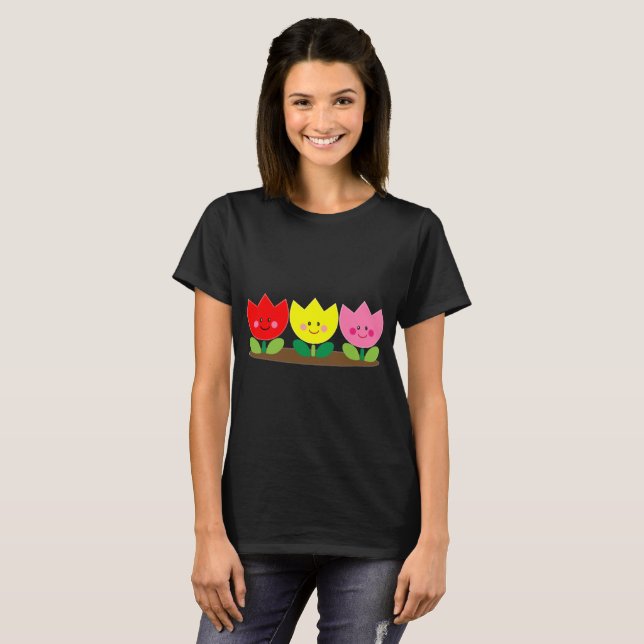 Camiseta Happy Face Tulip Flowers Garden art (Anverso completo)