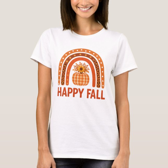 Camiseta Happy Fall Boho Rainbow Leopard Pumpkin Autumn (Anverso)