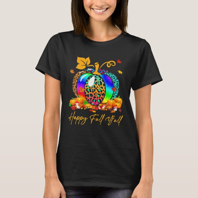 Camiseta Happy Fall Y All Cute Leopardo Rainbow Pumpkin (Anverso)
