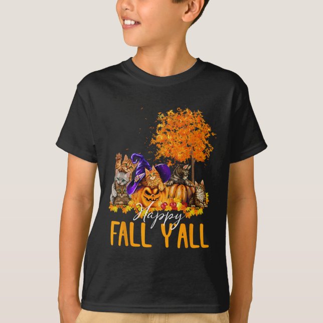 Camiseta Happy Fall Y'all Cats Lover Autumn Pumpkin Maple H (Anverso)