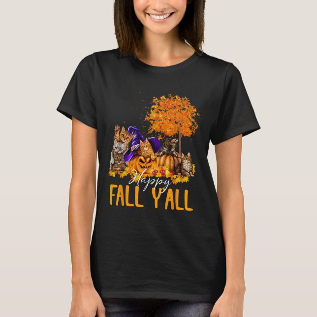 Camiseta Happy Fall Y'all Cats Lover Autumn Pumpkin Maple H (Anverso)