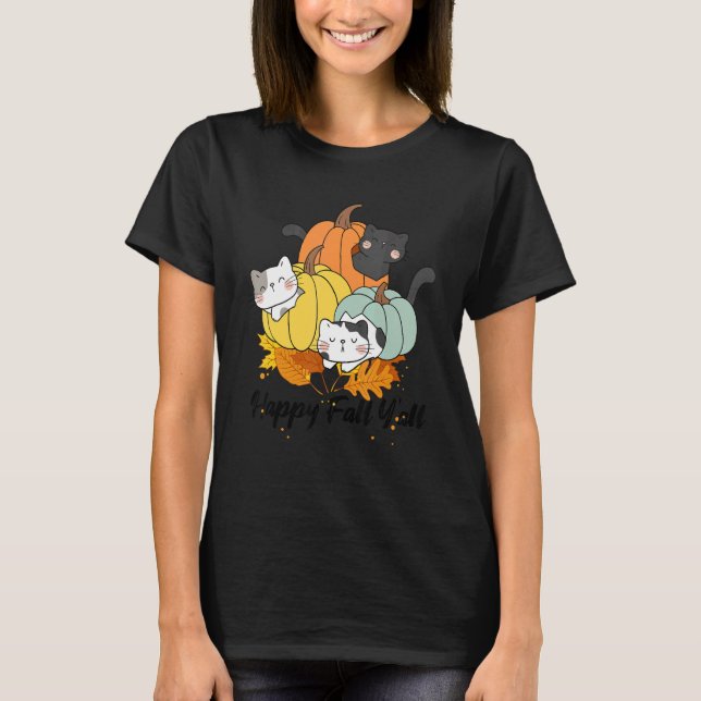 Camiseta Happy Fall Y'all Cute Cat Pumpkins Otoño Thanksgi (Anverso)