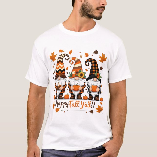 Camiseta Happy Fall Y'all Gnomes , Gnomes Pumpkin Autumn (Anverso)