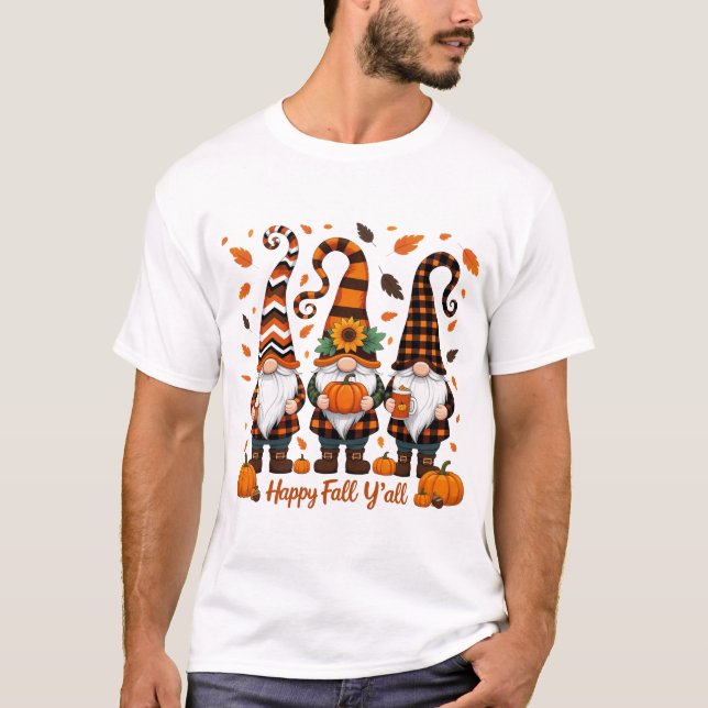 Camiseta Happy Fall Y'all Gnomes , Gnomes Pumpkin Autumn (Anverso)