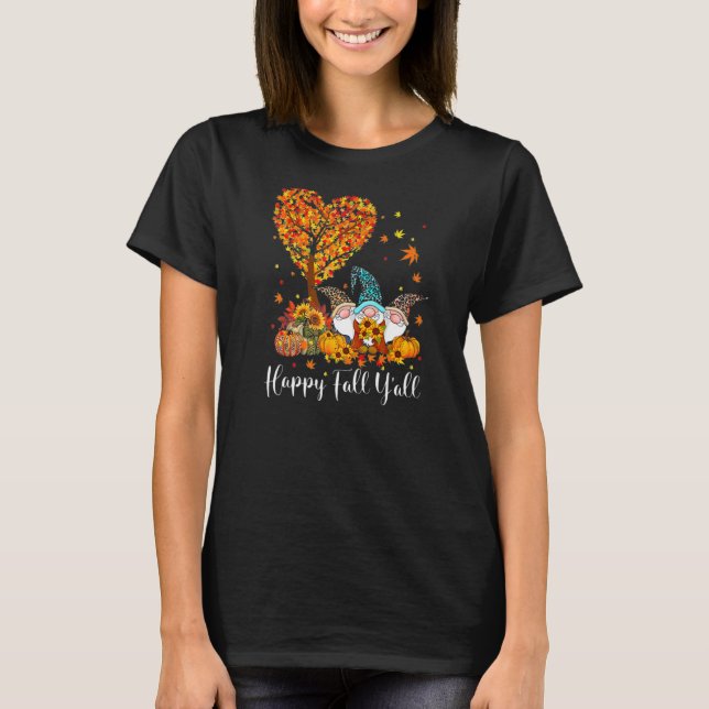 Camiseta Happy Fall Y'all Gnomes Leopard Pumpkin Otoño Tre (Anverso)