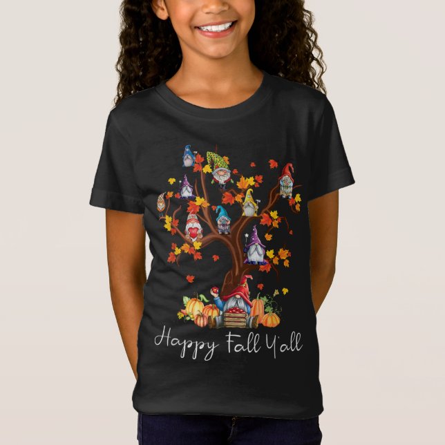 Camiseta Happy Fall Y'All, Graciosa Gnomes Otoño, Autumn Le (Anverso)