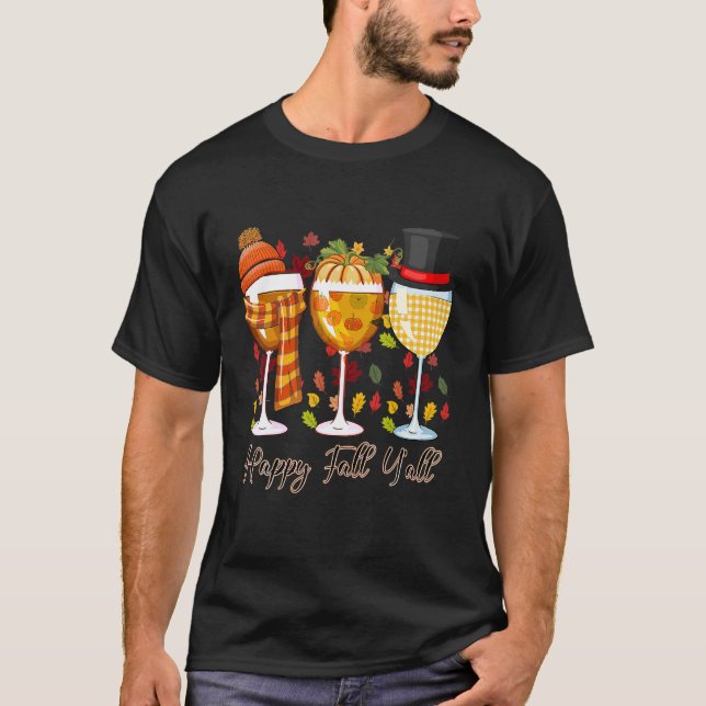 Camiseta Happy Fall Y'all Plaid Wine Glass Fall Deja Autu (Anverso)