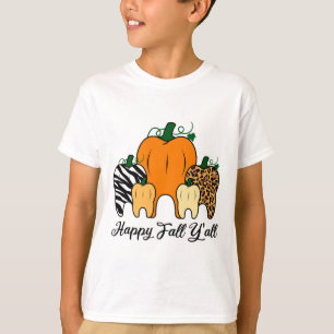 Camiseta Happy Fall Y'all Pumpkin Tooth Leopardo Zebra Hall