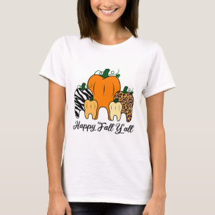 Camiseta Happy Fall Y'all Pumpkin Tooth Leopardo Zebra Hall
