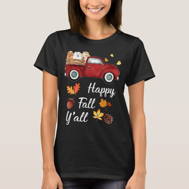 Camiseta Happy Fall Yall Red Truck Golden Retriever (Anverso)