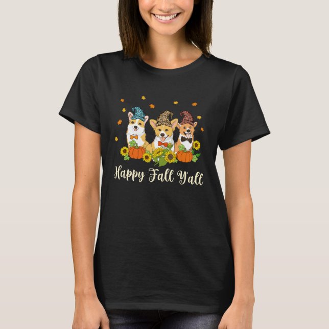 Camiseta Happy Fall Yall Shirt Corgi Leopard Pumpkin Hallow (Anverso)
