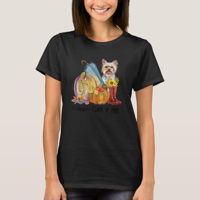 Camiseta Happy Fall Y'all Yorkshire Dog Mom Pumpkin Fall (Anverso)