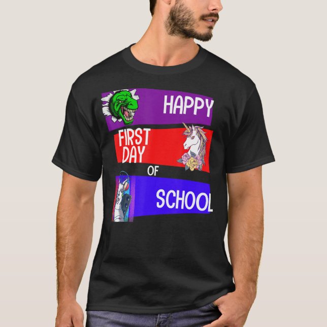 Camiseta Happy First Day Of School Squad Grade Unicorn Dino (Anverso)