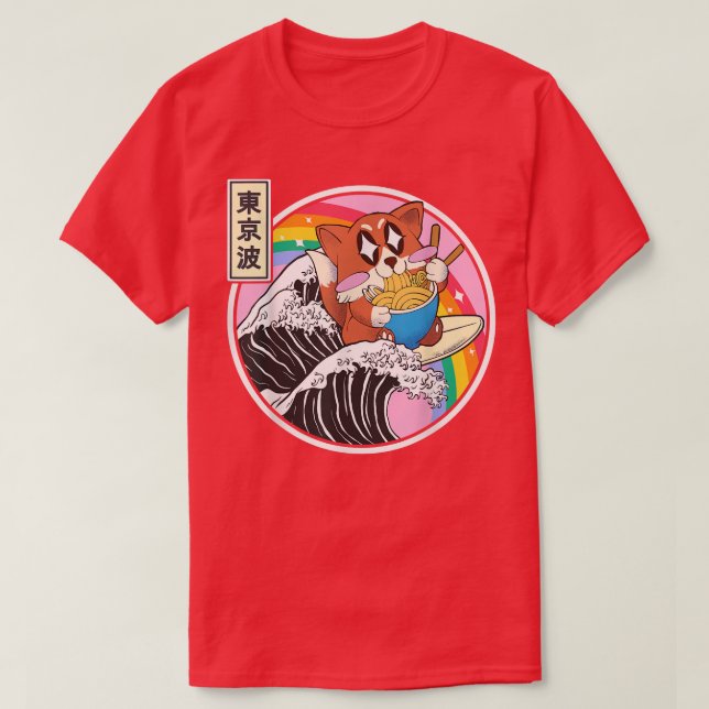 Camiseta Happy Fox Eating Ramen Surfing Kanagawa Wave Kawai (Diseño del anverso)