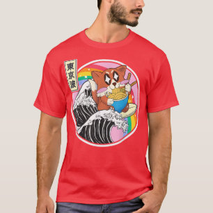 Camiseta Happy Fox Eating Ramen Surfing Kanagawa Wave Kawai