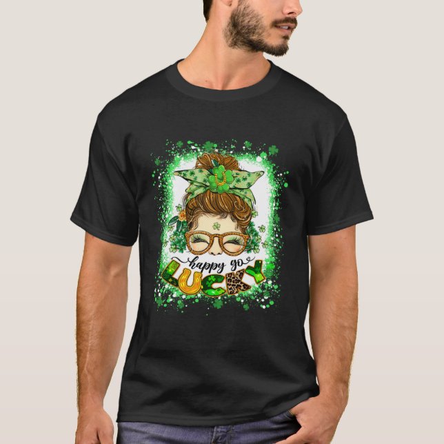 Camiseta Happy go Lucky Messy Bun Chica Irish St Patricks D (Anverso)