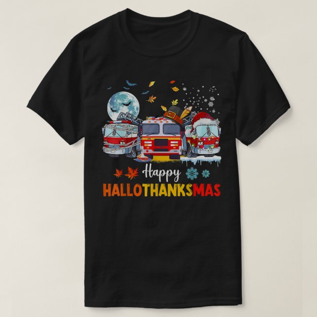 Camiseta Happy Hallothankmas Firefighter Fire Truck Hallowe (Diseño del anverso)