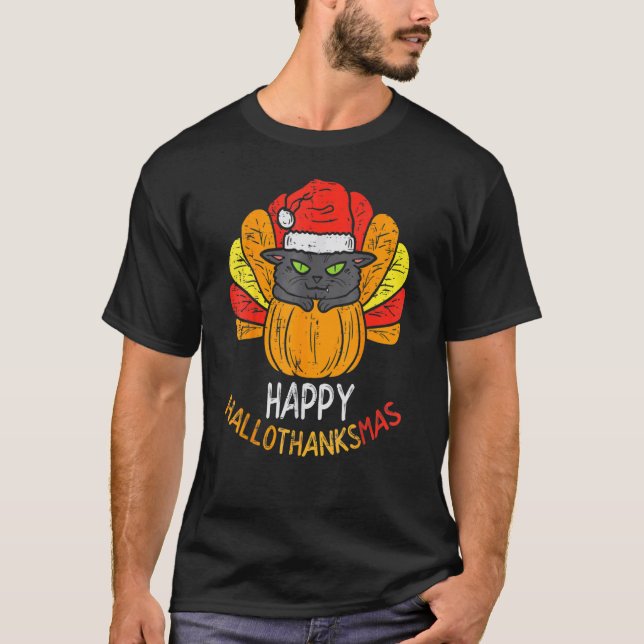 Camiseta Happy Hallothanksmas Cat Turkey Cat Thanksgiving C (Anverso)