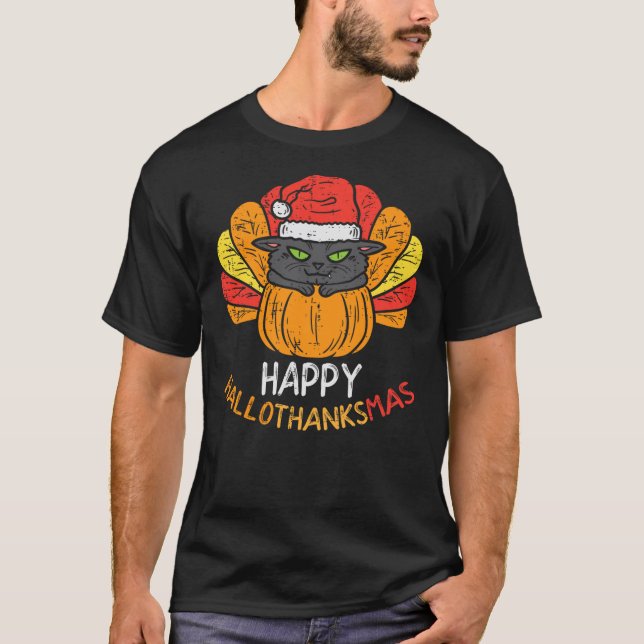 Camiseta Happy Hallothanksmas Cat Turkey Cat Thanksgiving C (Anverso)