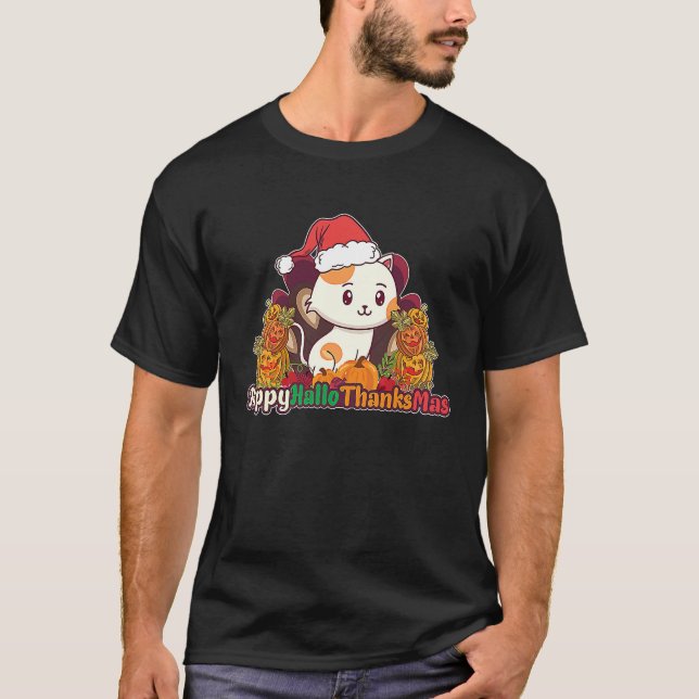Camiseta Happy HalloThanksMas Cat With Santa Hat Thanksgivi (Anverso)