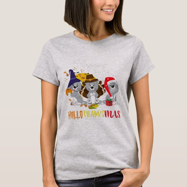 Camiseta Happy Hallothanksmas cats Halloween Christmas (Anverso)
