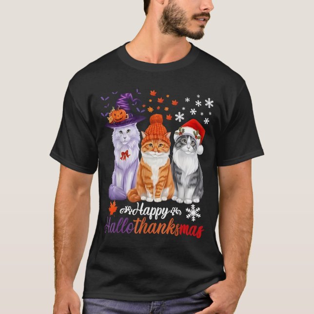 Camiseta Happy HalloThanksMas Cats Halloween Thanksgiving C (Anverso)