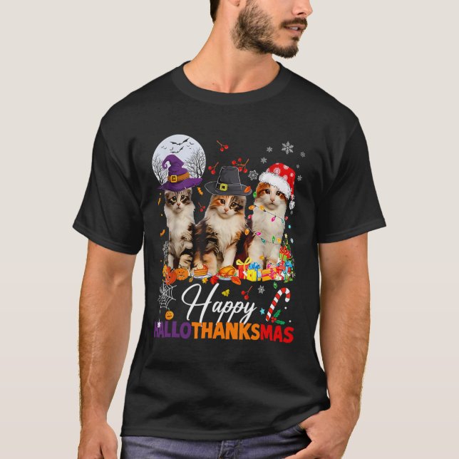 Camiseta Happy Hallothanksmas Cute Cats Halloween Thanksgiv (Anverso)