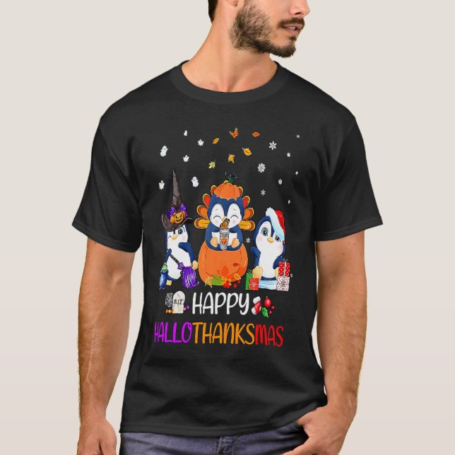 Camiseta Happy HalloThanksMas Fall Pumpkin  Penguin (Anverso)