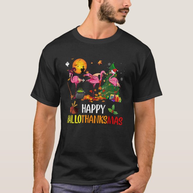 Camiseta Happy Hallothanksmas Flamingo Thanksgiving Xmas Ha (Anverso)