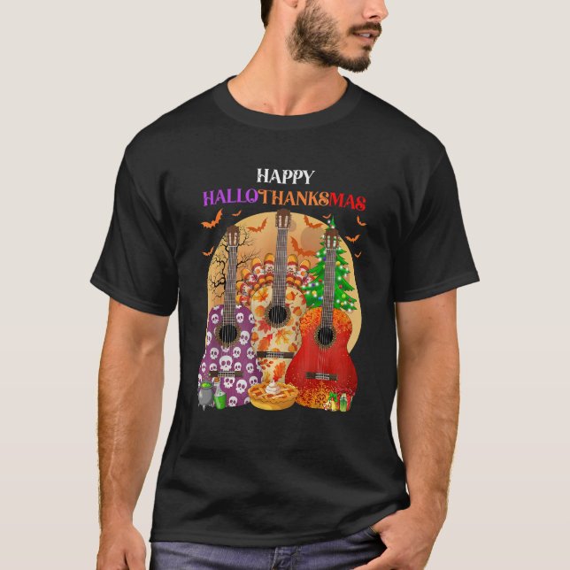 Camiseta Happy HalloThanksMas Guitar Halloween Thanksgiving (Anverso)