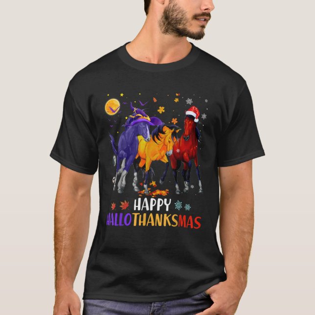 Camiseta Happy Hallothanksmas Horse Halloween Thanksgiving  (Anverso)