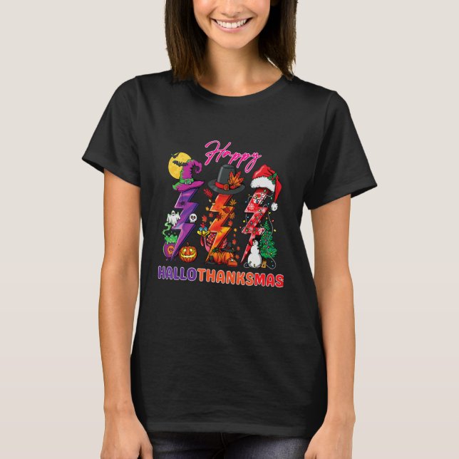 Camiseta Happy Hallothanksmas lightning bolt Witch Santa Ha (Anverso)
