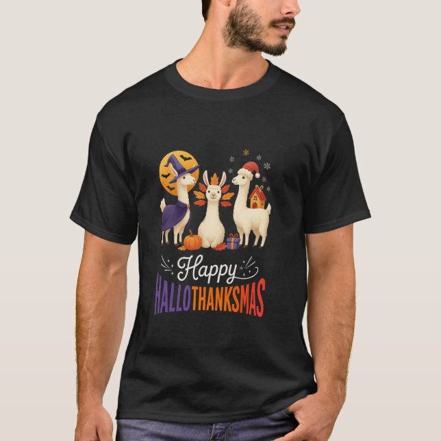 Camiseta Happy Hallothanksmas Llamas Halloween Thanksgiving (Anverso)