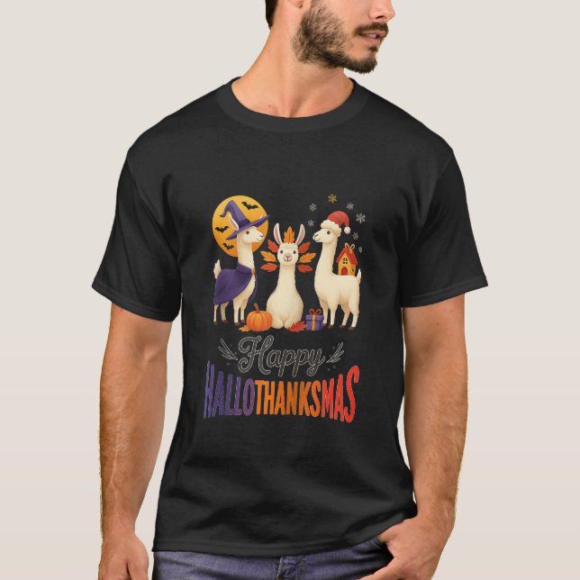 Camiseta Happy Hallothanksmas Llamas Halloween Thanksgiving (Anverso)