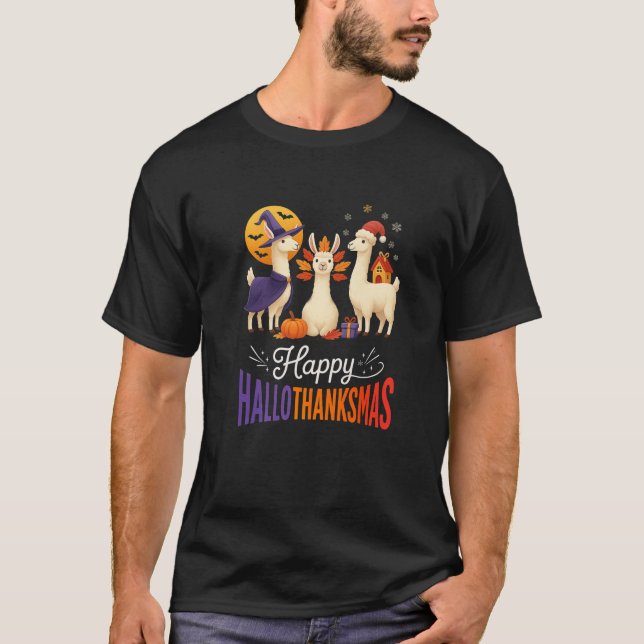 Camiseta Happy Hallothanksmas Llamas Halloween Thanksgiving (Anverso)