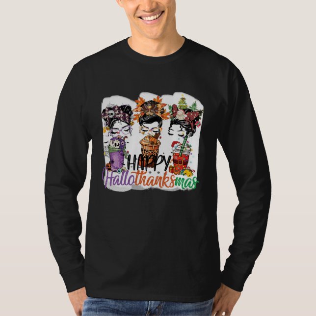 Camiseta Happy Hallothanksmas Messy Bun Halloween Thanksgiv (Anverso)