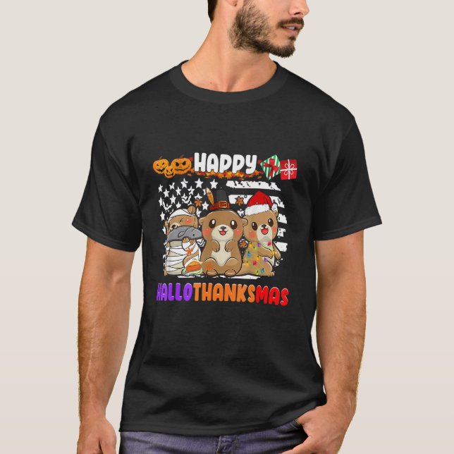 Camiseta Happy Hallothanksmas Otter  Thanksgiving Christmas (Anverso)