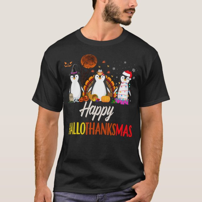 Camiseta Happy Hallothanksmas Santa Penguin Halloween Thank (Anverso)