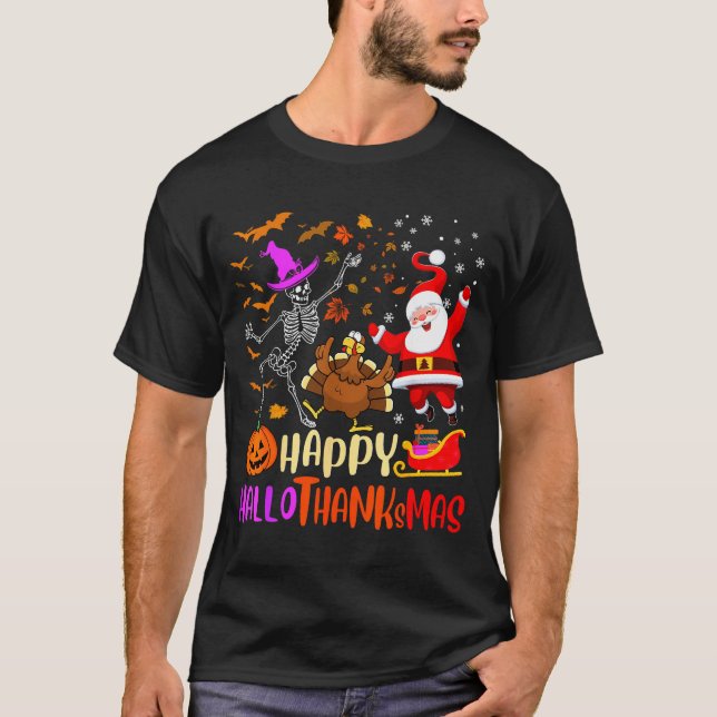 Camiseta Happy Hallothanksmas Skeleton Pumpkin Turkey Santa (Anverso)