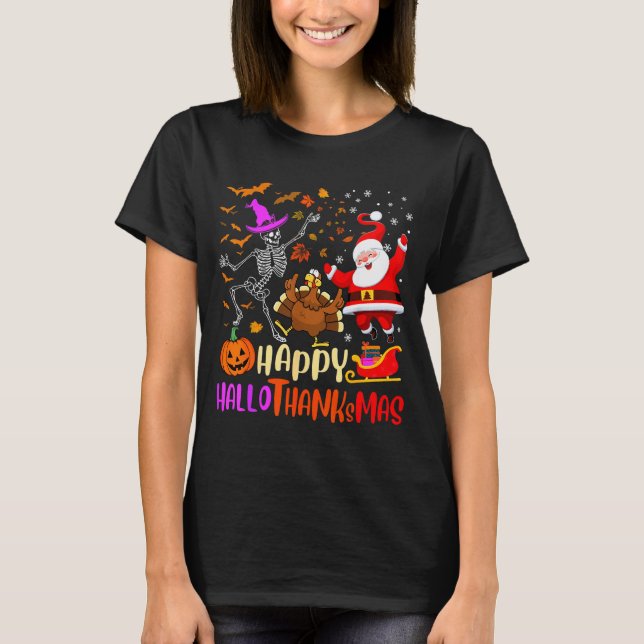 Camiseta Happy Hallothanksmas Skeleton Pumpkin Turkey Santa (Anverso)