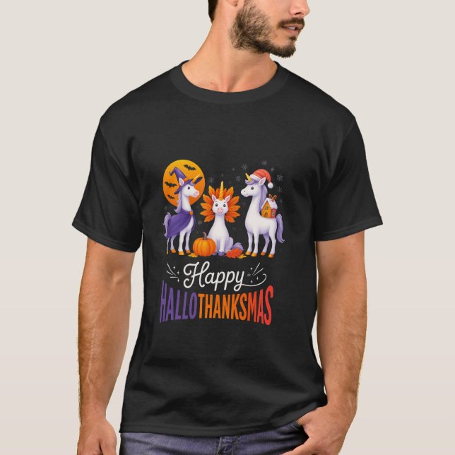 Camiseta Happy Hallothanksmas Unicorns Halloween Thanksgivi (Anverso)