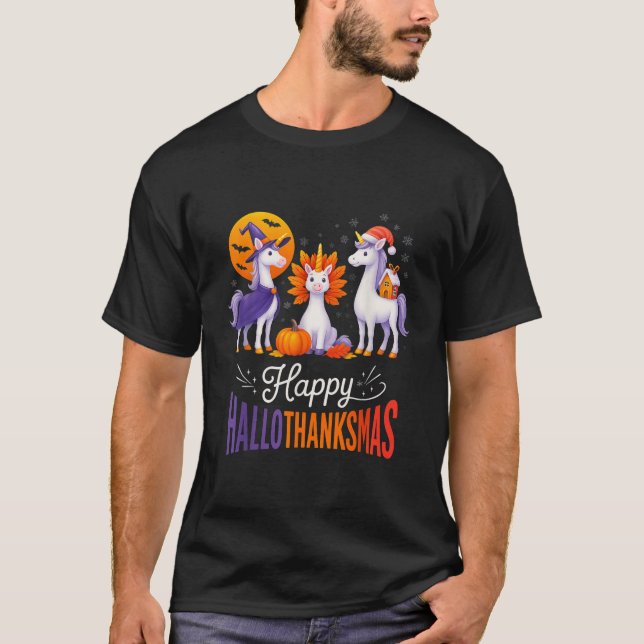 Camiseta Happy Hallothanksmas Unicorns Halloween Thanksgivi (Anverso)