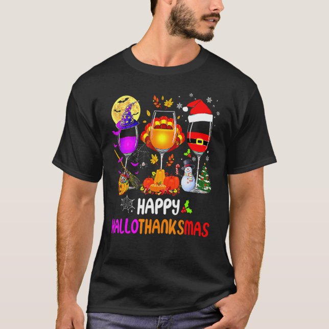 Camiseta Happy Hallothanksmas Wine Glasses Halloween Thanks (Anverso)