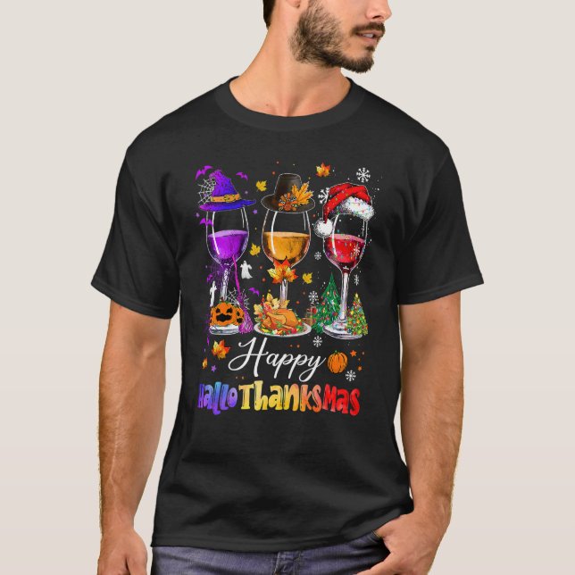 Camiseta Happy Hallothanksmas Wine Glasses Witch Santa Hat  (Anverso)