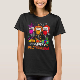 Camiseta Happy Hallothanksmas Wine Glasses Witch Santa Hat